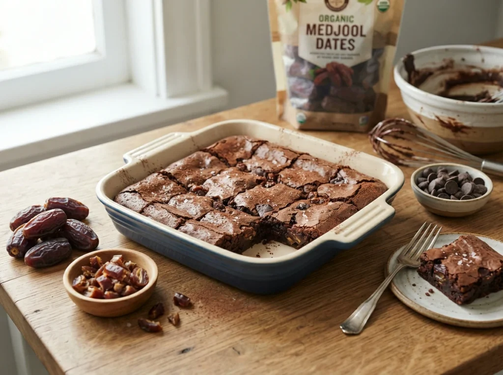 Fresh fudgy chocolate brownies with visible date pieces cooling on a wire rack