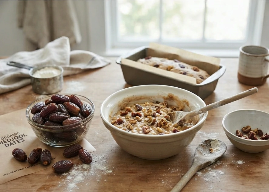 Date paste in a glass bowl beside chopped dates on parchment with baking ingredients