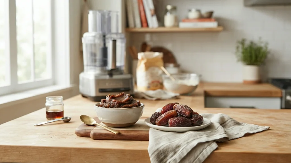 Food processor containing homemade date paste with pitted dates on a wooden cutting board