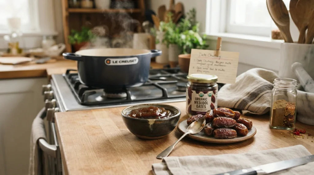 Dark amber date chutney in a glass jar with a spoonful on a marble plate