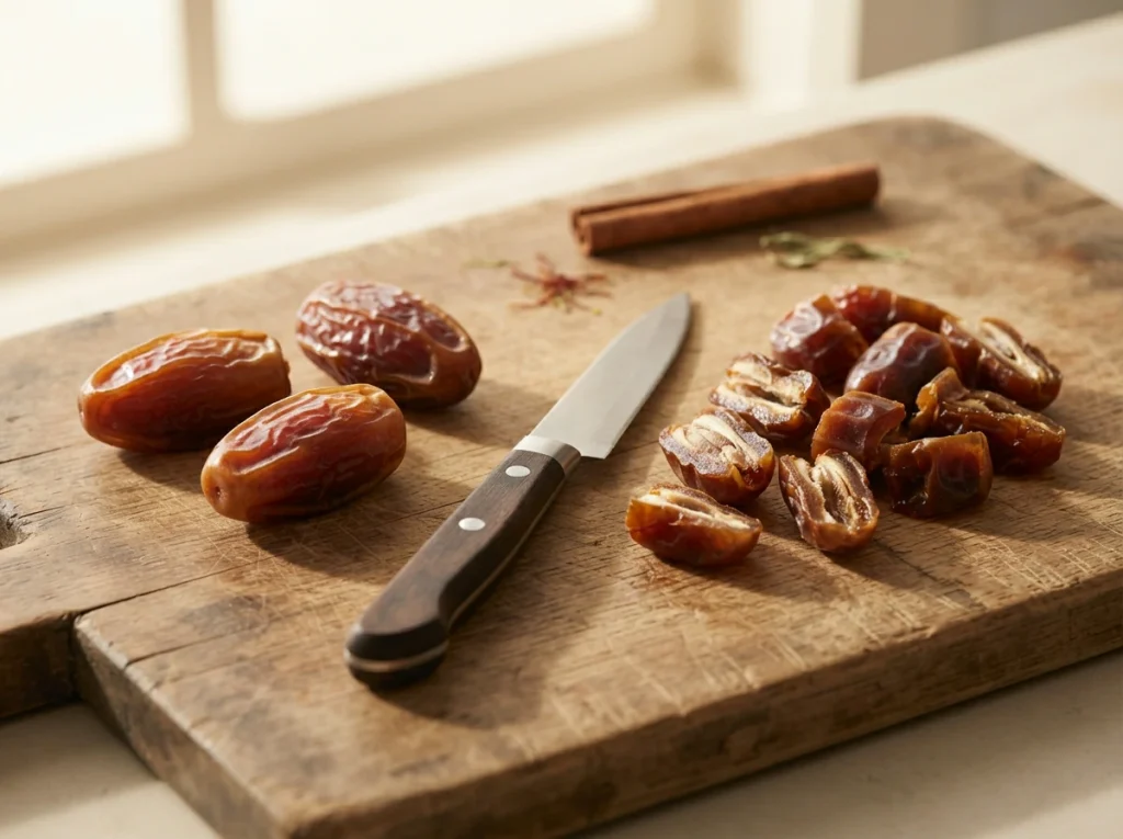 Whole and chopped dates arranged on a wooden cutting board beside a chef's knife