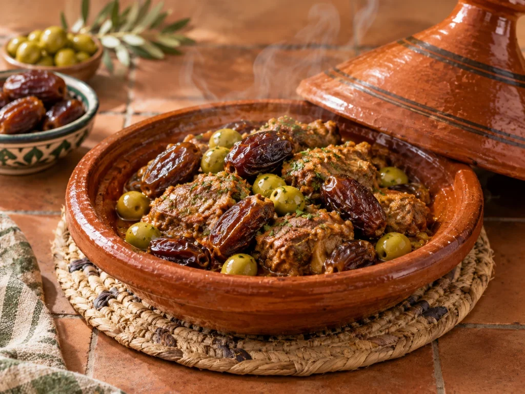 Moroccan-style lamb and date tagine with green olives served in a glazed clay pot