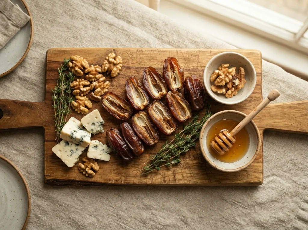 Sliced Medjool dates paired with blue cheese, walnuts, thyme, and honey on a serving board