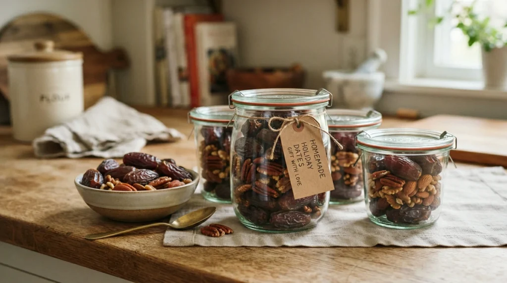 Three glass jars filled with Medjool, Ajwa, and Halawi dates with blank kraft labels