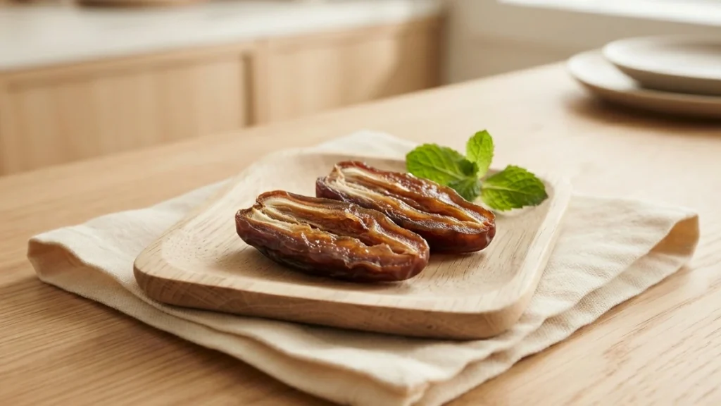 Three lengthwise-cut pitted Medjool date strips arranged on a small child's plate