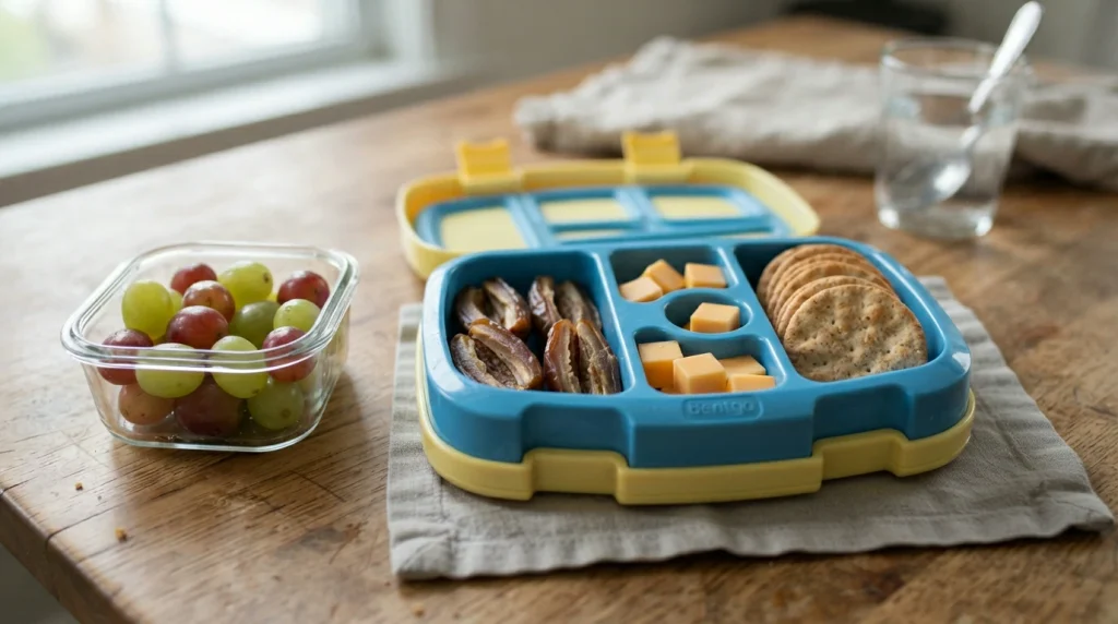 Child's bento lunchbox with date strips, cheese cubes, crackers, and grapes