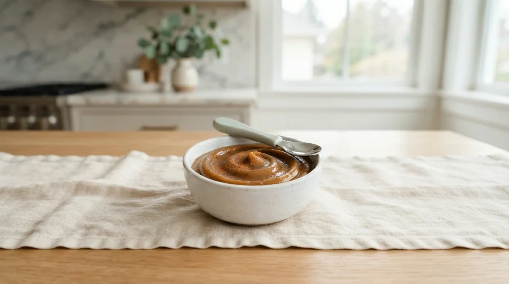 Small bowl of smooth amber date puree beside a pastel baby spoon