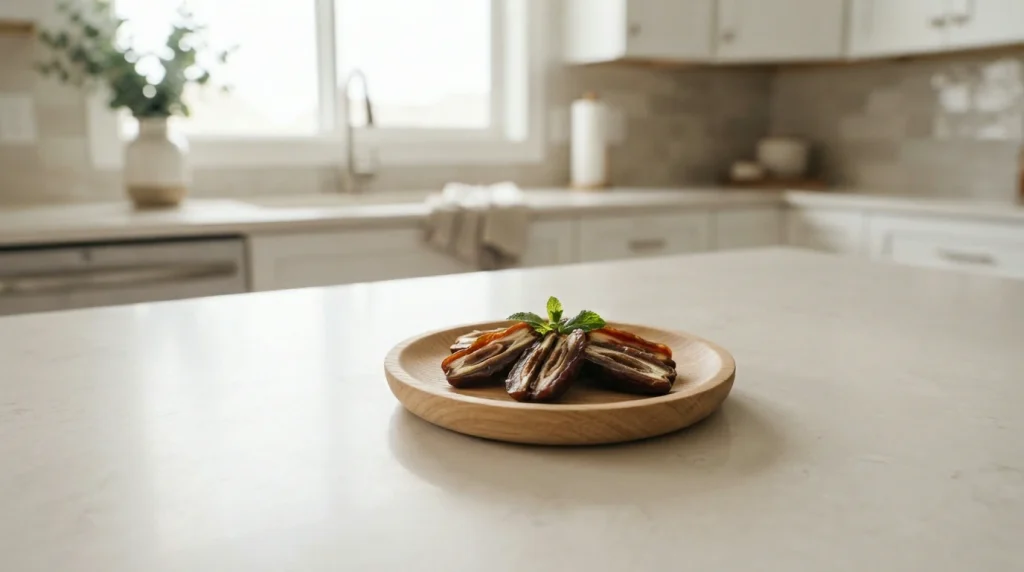 Two pitted Medjool date strips cut lengthwise and arranged skin side down on a small plate