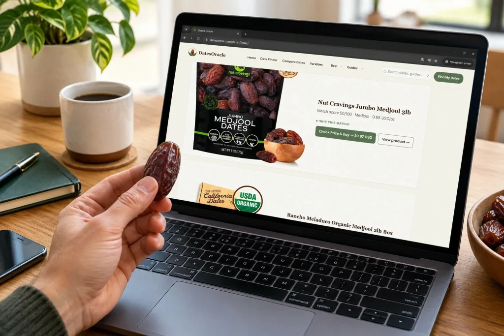 Laptop showing a generic online date listing beside Medjool dates, a notebook, and a pen