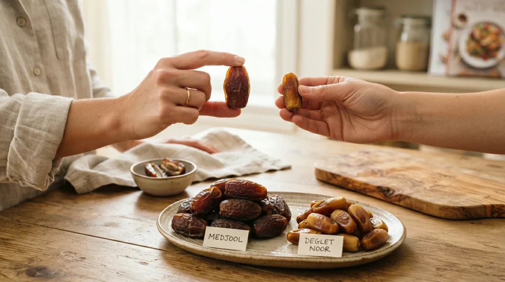 Adult hand holding a large Medjool date beside a slender Deglet Noor date for a direct size comparison