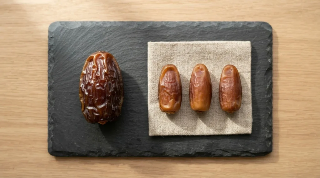 One large glossy Medjool date beside three smaller Deglet Noor dates on a dark slate board for size comparison