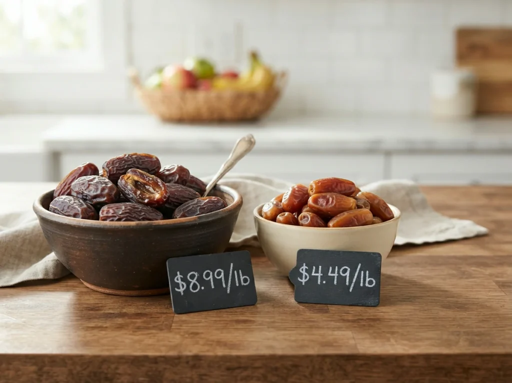 Medjool and Deglet Noor date packages displayed side by side on a U.S. grocery shelf with price tags