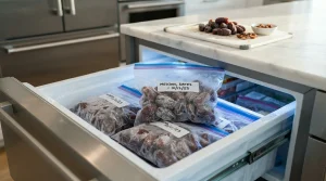 Open refrigerator drawer containing several clear plastic freezer bags filled with frozen Medjool dates, with legible dates written on the bags. In the background on a marble countertop, there are small bowls of unfrozen dates.