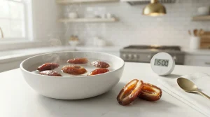 A white ceramic bowl filled with hot water and soaking dates with steam rising, next to a pitted halved date and a digital kitchen timer showing 15:00 on a white countertop.