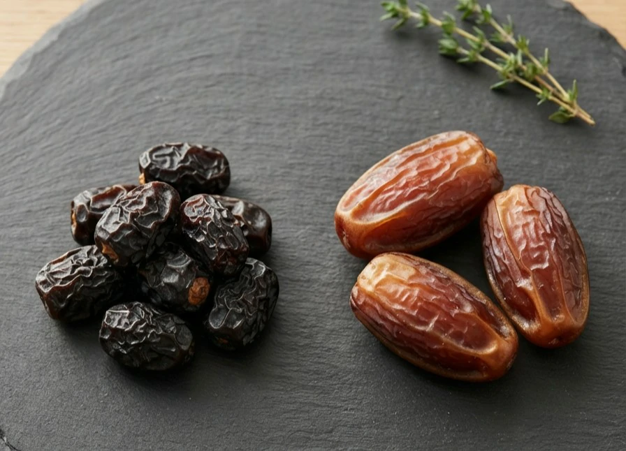 Small dark Ajwa dates beside large plump Medjool dates on a slate plate for size comparison
