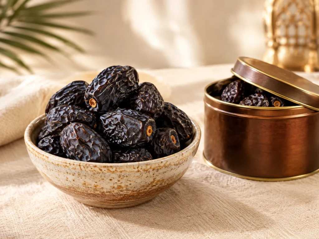 Dark matte Ajwa dates in a wooden bowl beside a small amber storage tin