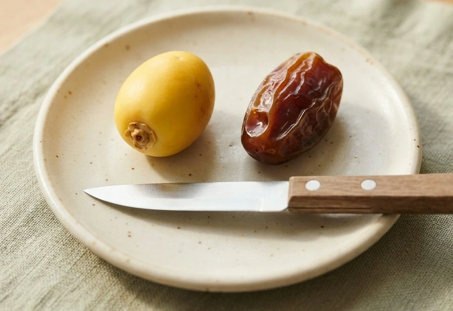 Bright yellow khalal Barhi date beside a dark amber-brown rutab Barhi date on a ceramic plate
