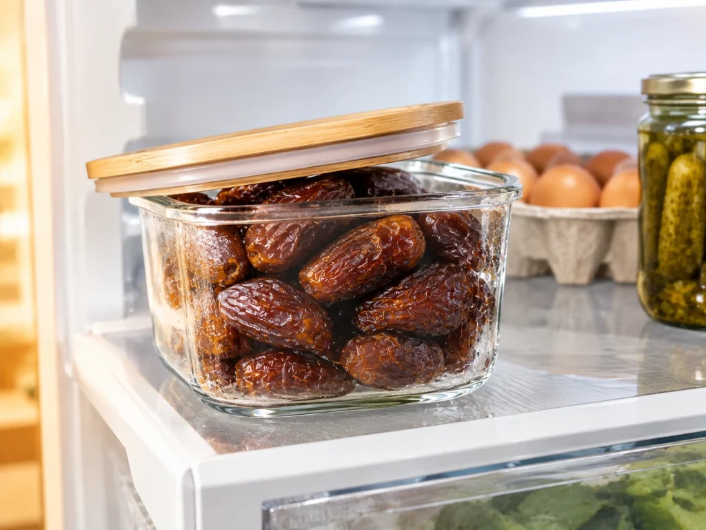 Open airtight glass container of Medjool dates on a refrigerator shelf