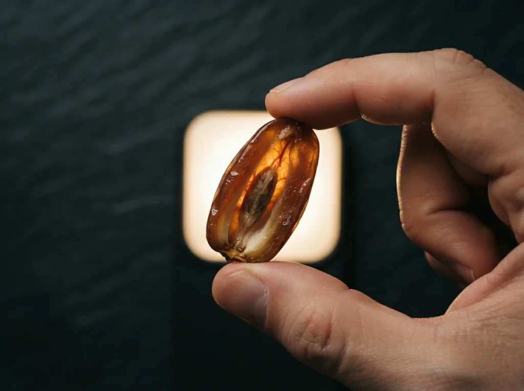 Deglet Noor date held in front of a smartphone light to show its amber translucency