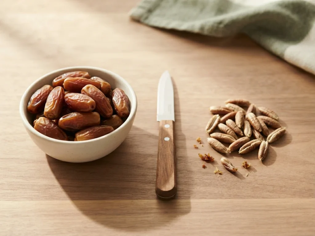Bowl of pitted Deglet Noor dates beside a small pile of removed pits