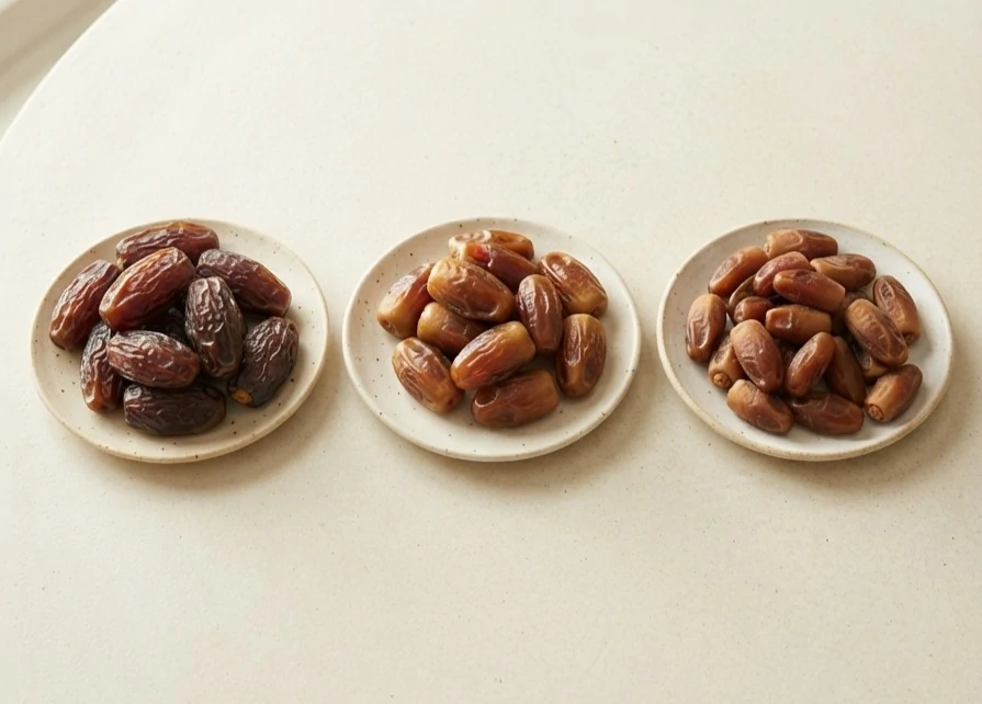 Three plates comparing Medjool, Halawi, and Deglet Noor dates by size and color