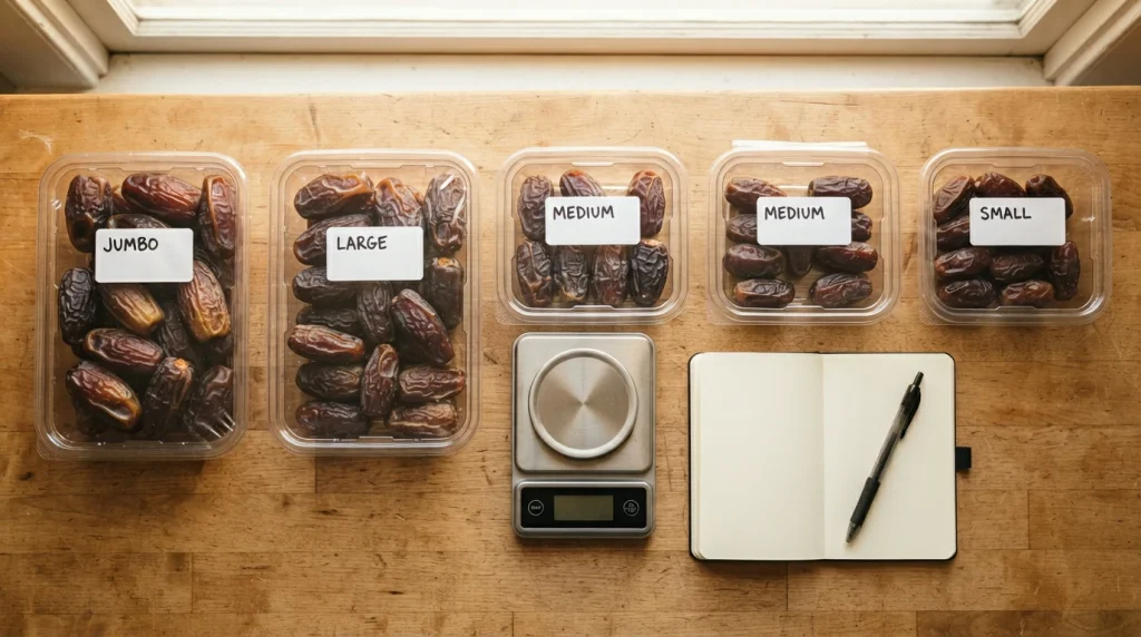 Five Medjool date packages containing different fruit sizes arranged with a kitchen scale and notebook