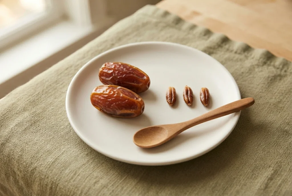 Three Medjool date pits arranged beside two whole dates on a small white plate