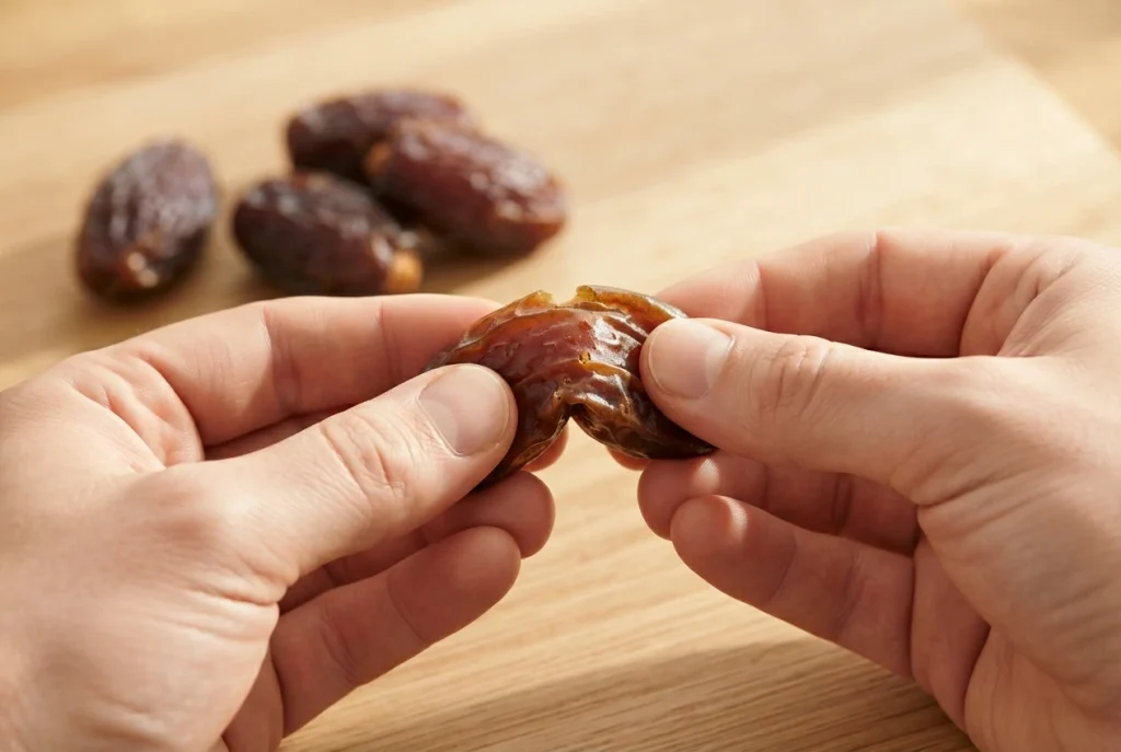 Adult hands gently bending a Medjool date to demonstrate its soft, flexible texture