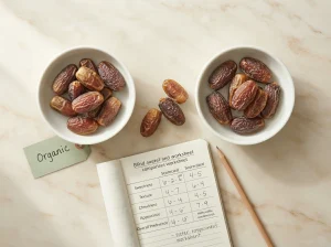 Two date packages side by side, one with a green circular seal and one with a plain label